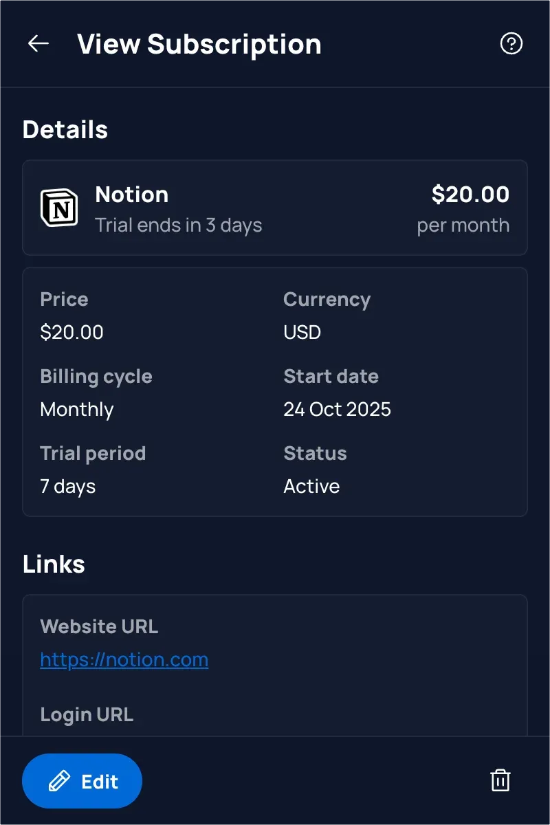 Substash subscription detail view with cost tracking and renewal information
