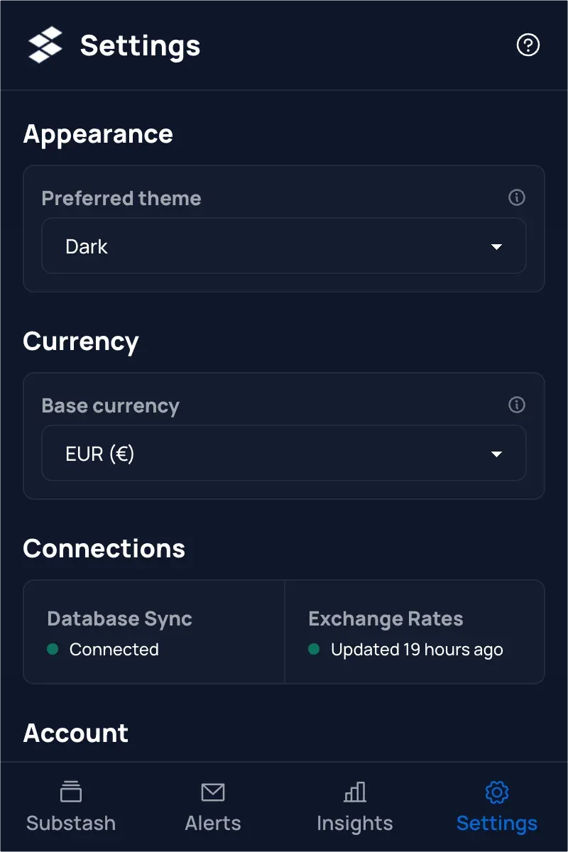 Substash settings page showing theme selection and currency options